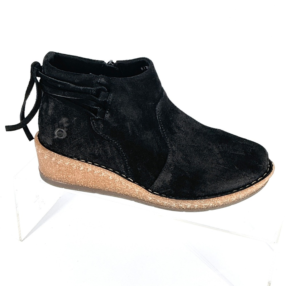 Born Size 8 Black Suede‎ Wedge Ankle Booties Side Zip Tie Back NEW Vaughn $150
